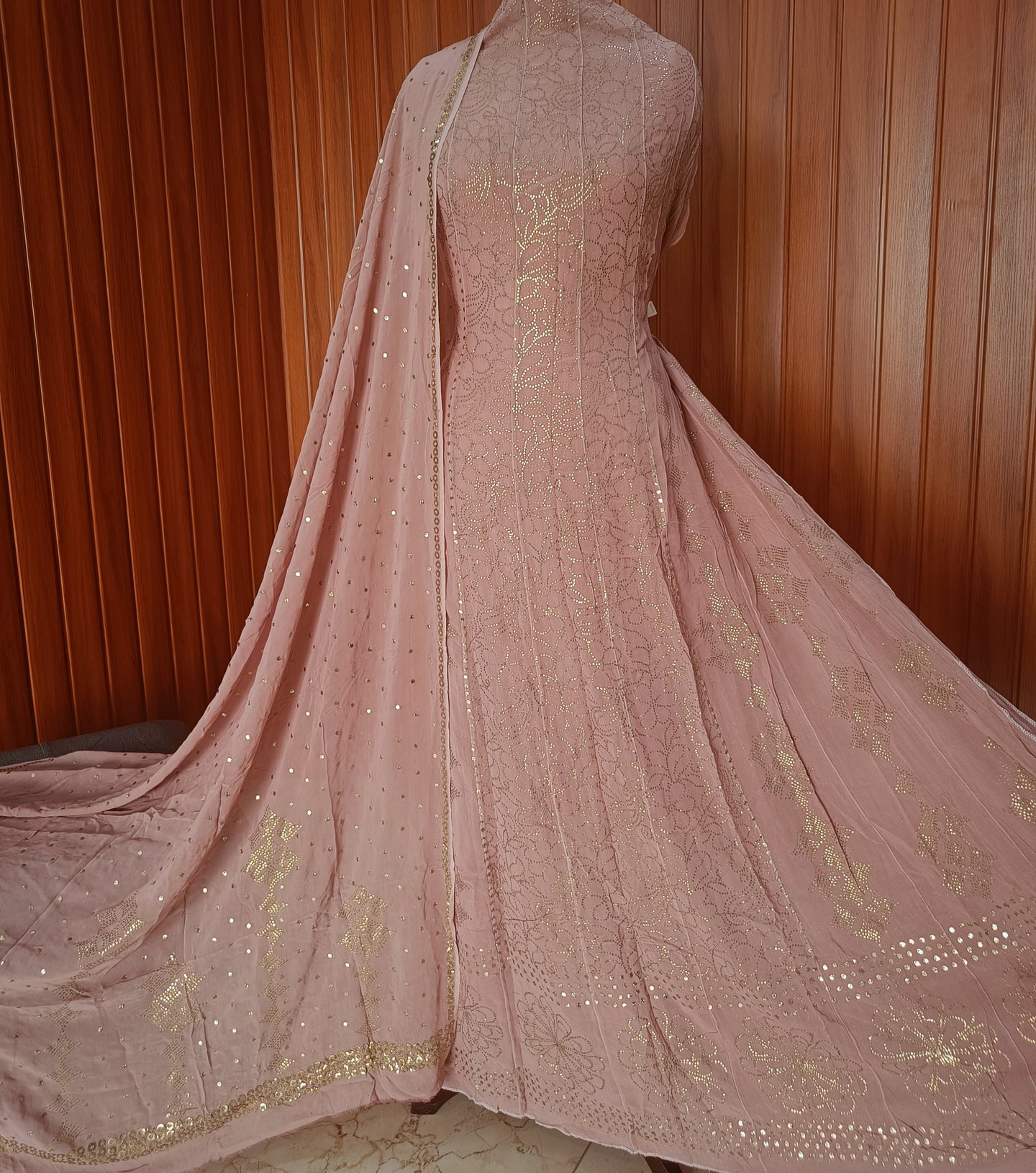 Old Rose Pink Allover Heavy Mukaish Georgette Anarkali with Dupatta